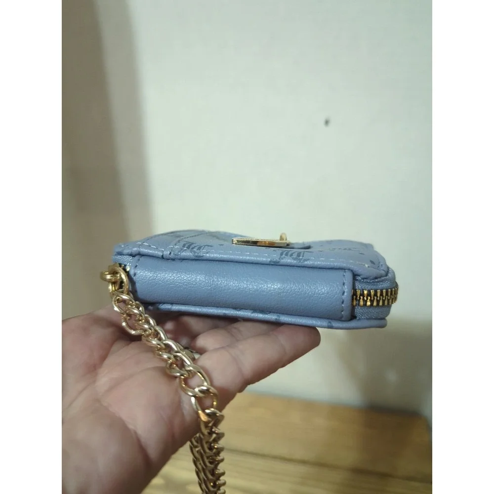 Juicy Couture Blue Pebbled Zip Wallet Heart Coin Purse Gold Chain Logo Charm
